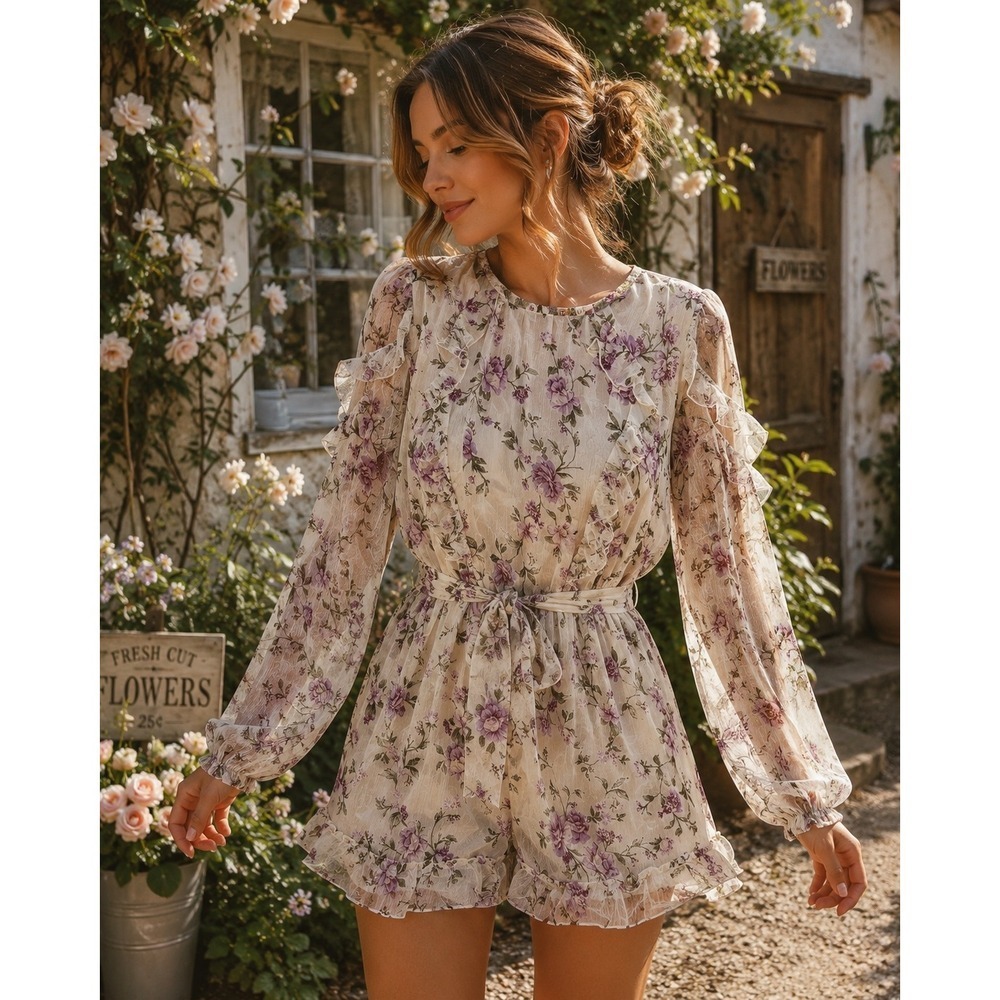 Floral Ruffle Coquette Romper Sheer Long Sleeve Cottagecore Small Divided by H&M